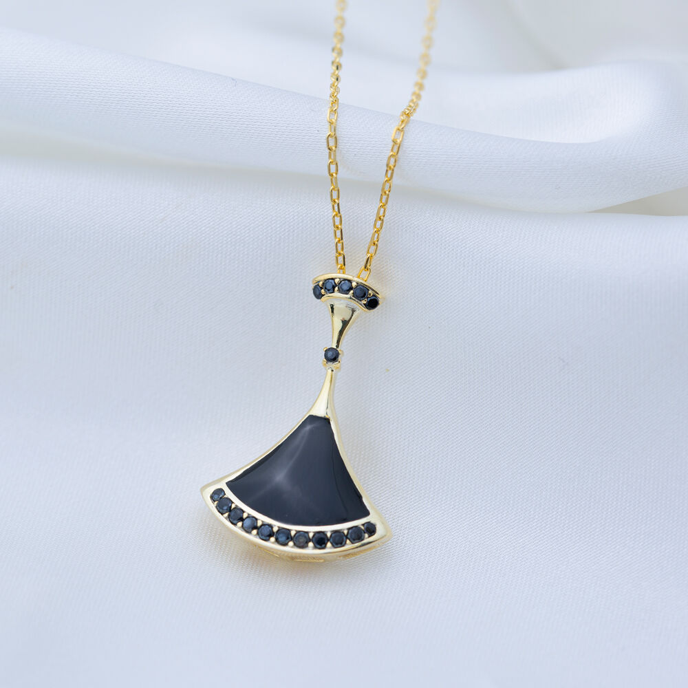 Fan Design Black Enamel with Black Zircon Stone Charm Pendant 925 Sterling Silver Jewelry
