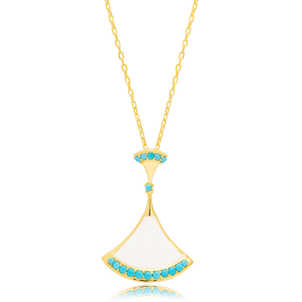 Fan Design White Enamel with Turquoise Stone Charm Pendant 925 Sterling Silver Jewelry