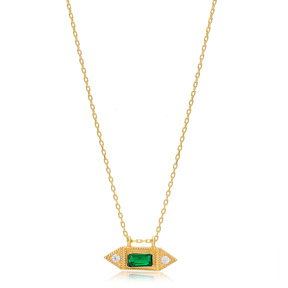 Geometric Shape Emerald Stone Charm Pendant Turkish Handmade 925 Sterling Silver Jewelry