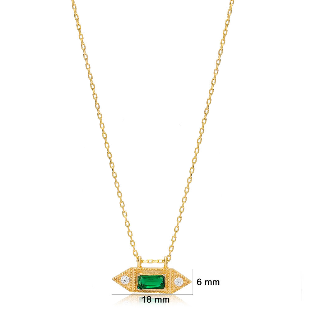 Geometric Shape Emerald Stone Charm Pendant Turkish Handmade 925 Sterling Silver Jewelry