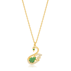 Swan Design Emerald Stone Charm Pendant Turkish Handmade 925 Sterling Silver Jewelry