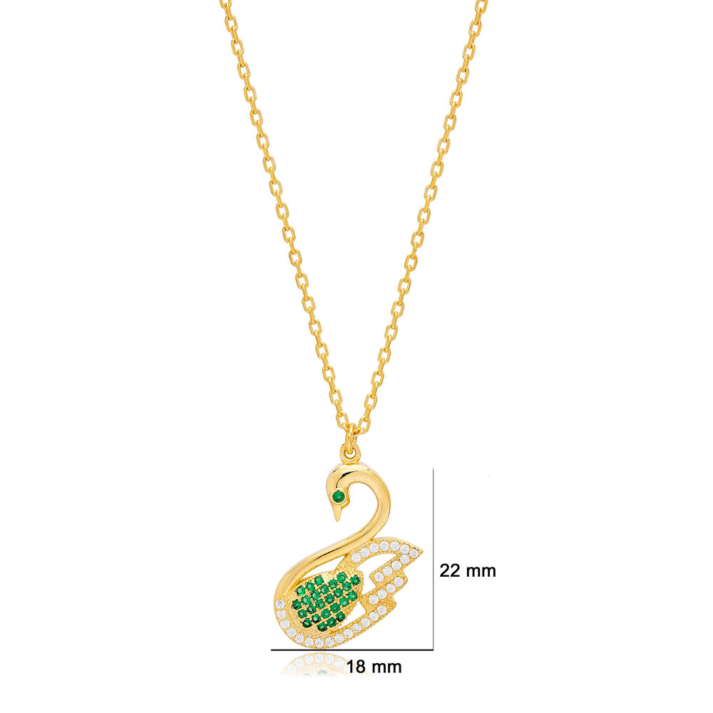Swan Design Emerald Stone Charm Pendant Turkish Handmade 925 Sterling Silver Jewelry