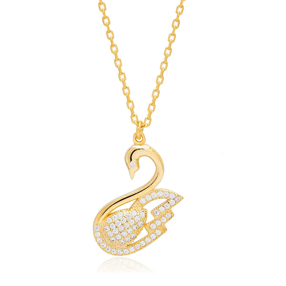 Swan Design Clear Zircon Stone Charm Pendant Turkish Handmade 925 Sterling Silver Jewelry