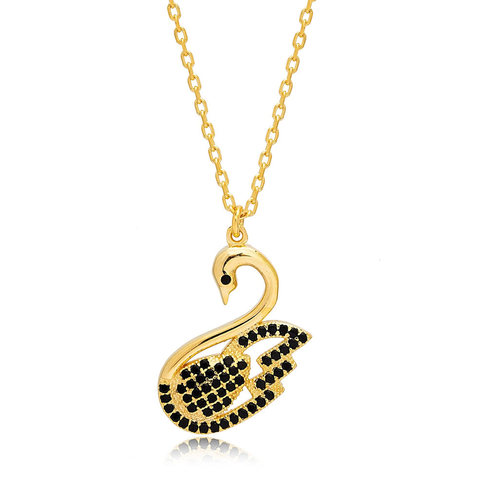 Swan Design Black Zircon Stone Charm Pendant Turkish Handmade 925 Sterling Silver Jewelry