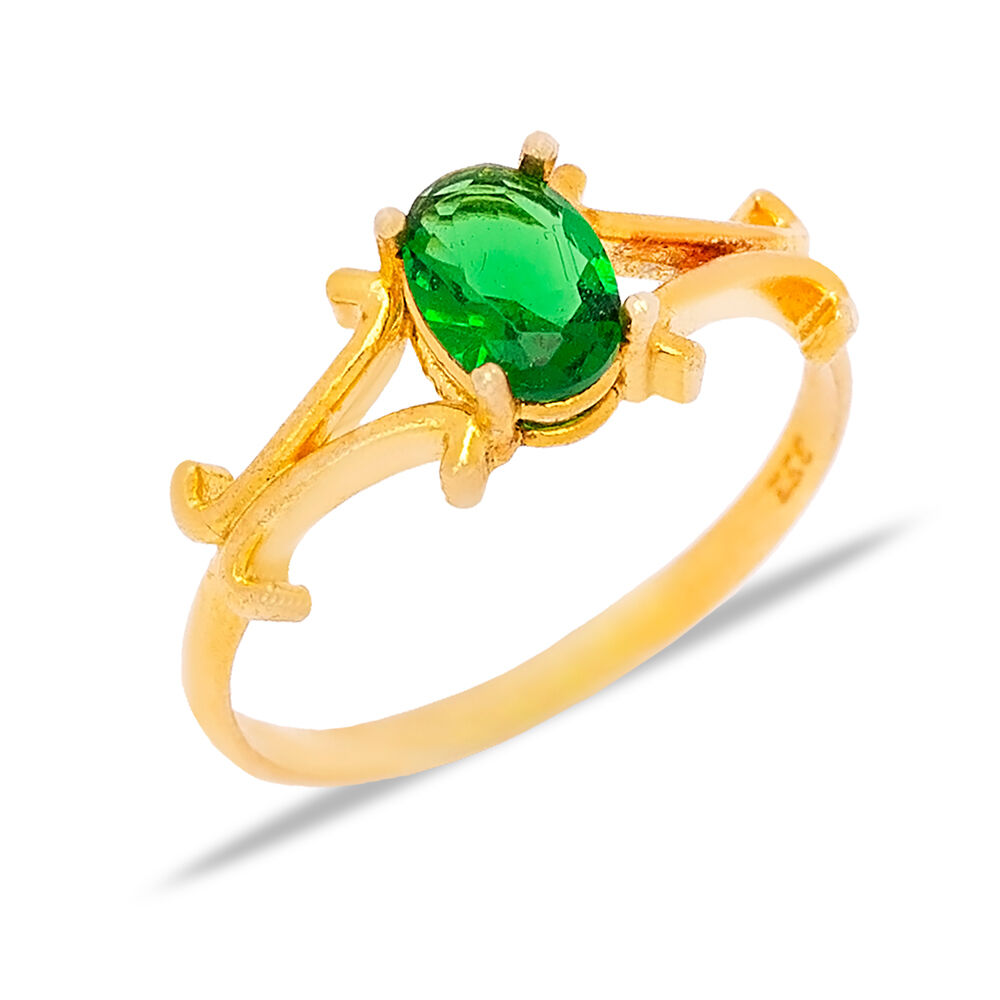 Oval Cut Emerald Stone 22k Gold Ring Turkish Handmade Wholesale 925 Sterling Silver Jewelry