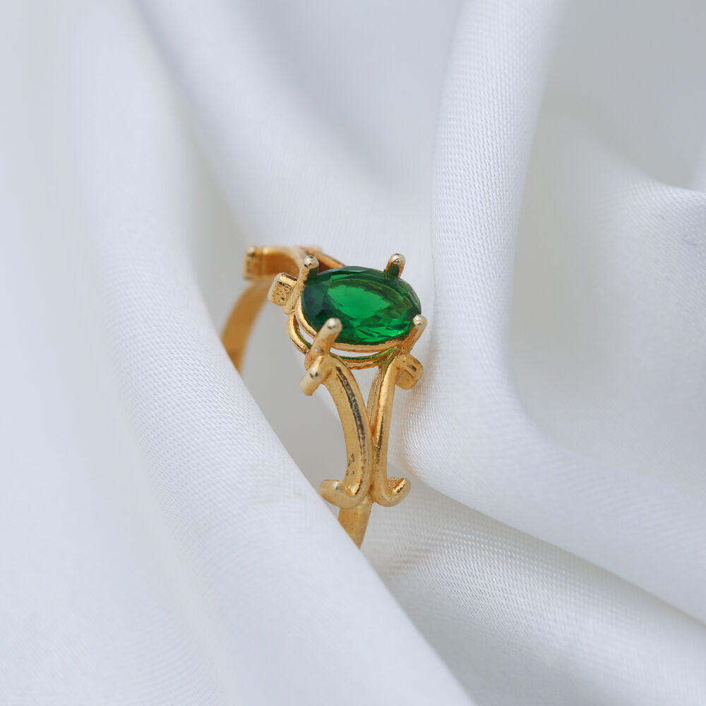 Oval Cut Emerald Stone 22k Gold Ring Turkish Handmade Wholesale 925 Sterling Silver Jewelry