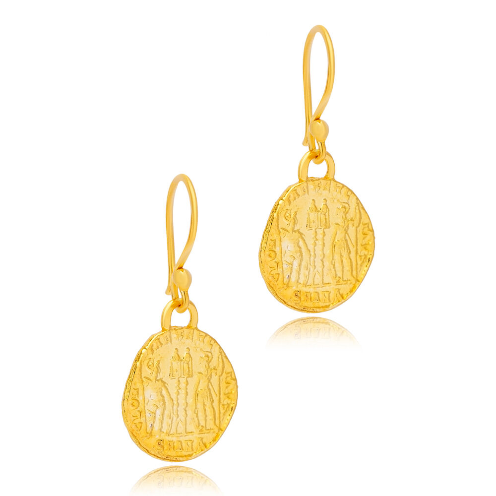 Medallion Design 22k Gold Plated Vintage Earrings Turkish Handmade 925 Sterling Silver Jewelry