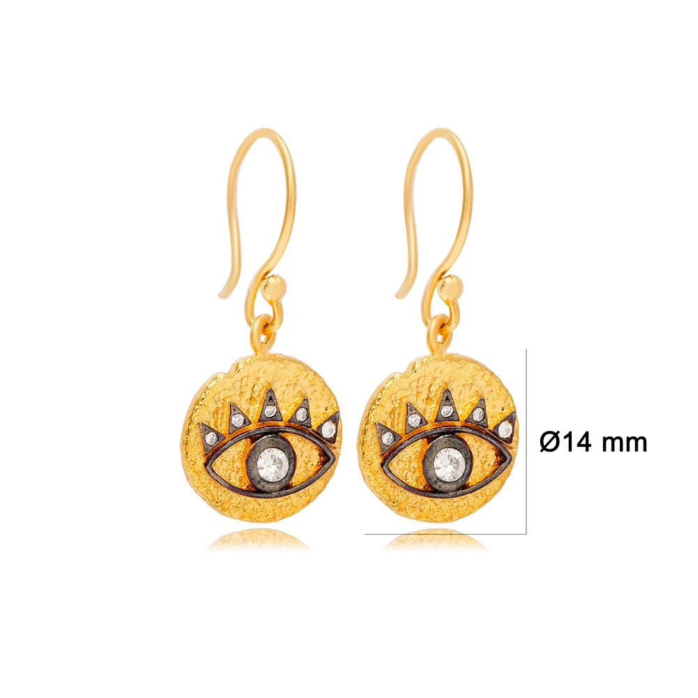 Eye Design 22k Gold Plated Vintage Earrings Turkish Handmade 925 Sterling Silver Jewelry