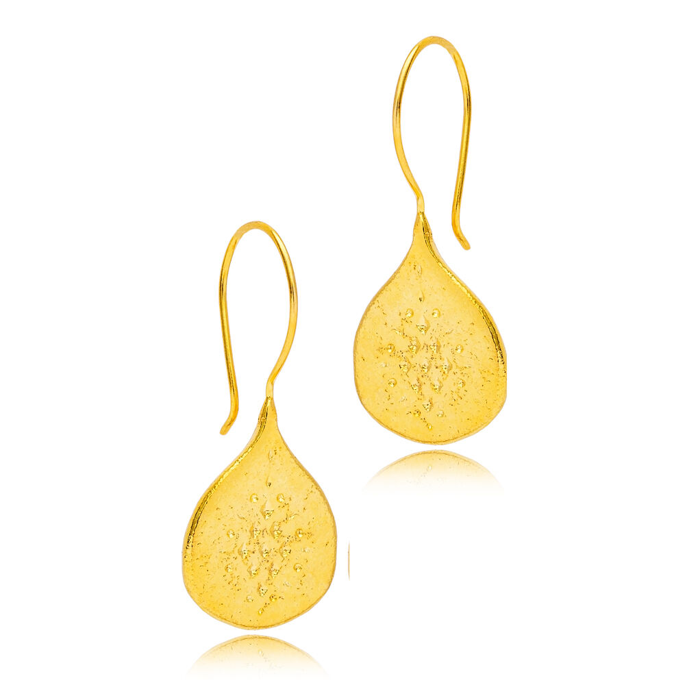 Drop Cut Hammered Design 22k Gold Plated Vintage Earrings Handmade 925 Sterling Silver Jewelry