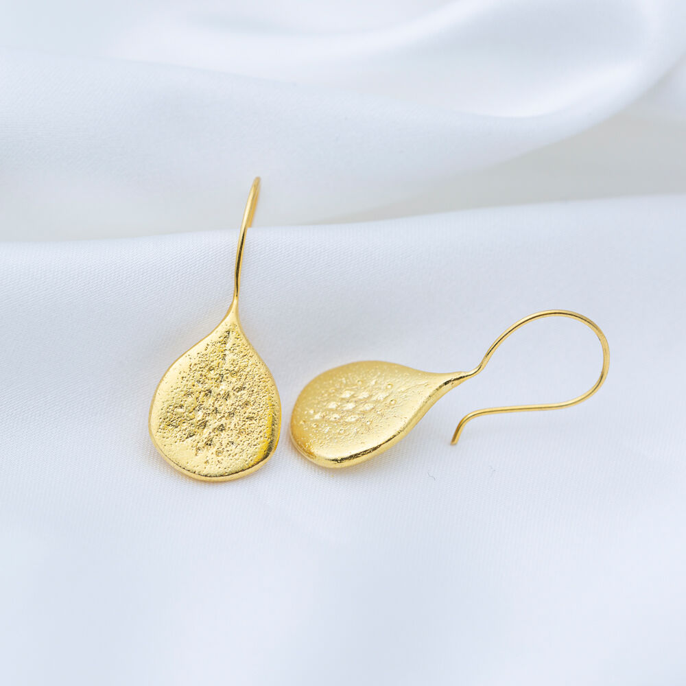 Drop Cut Hammered Design 22k Gold Plated Vintage Earrings Turkish Handmade 925 Sterling Silver Jewelry