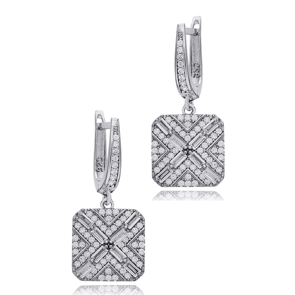Geometric Square Design Clear Zircon Stone Dangle Earrings 925 Sterling Silver Jewelry