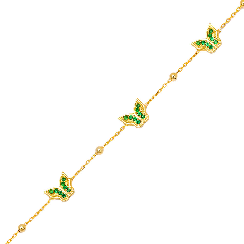 Cute Butterfly Design Emerald Stone Charm Bracelet 925 Sterling Silver Jewelry