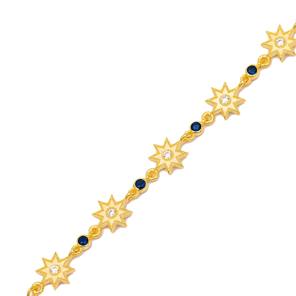 Star Design Round Shape Sapphire with Zircon Stone Charm Bracelet 925 Sterling Silver Jewelry