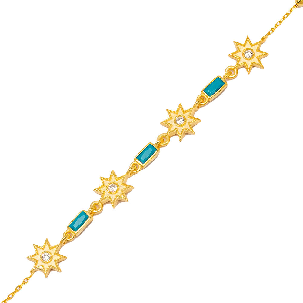 Star Design Baguette Shape Turquoise Stone Charm Bracelet 925 Sterling Silver Jewelry