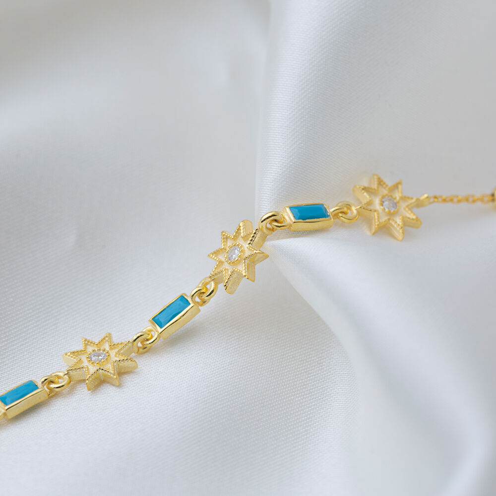Star Design Baguette Shape Turquoise Stone Charm Bracelet 925 Sterling Silver Jewelry