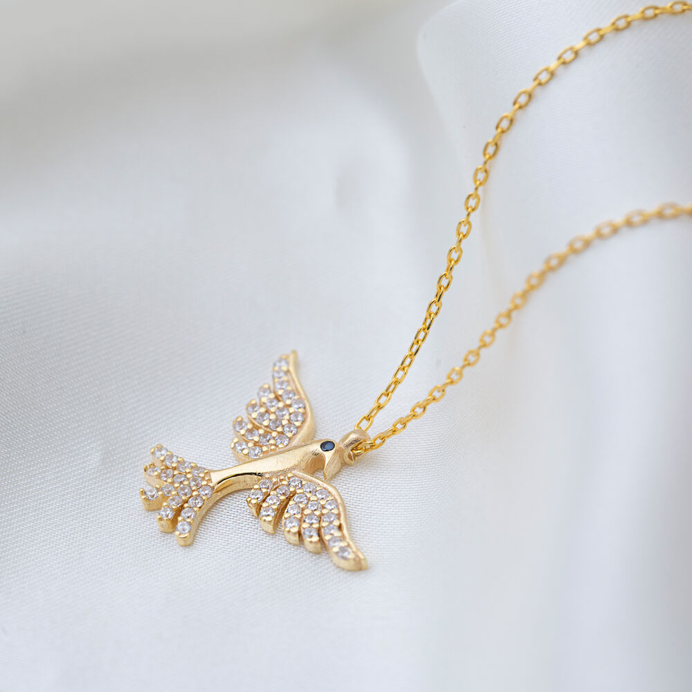 Bird Design Shiny Zircon Stone Charm Necklace Turkish Handmade 925 Sterling Silver Jewelry