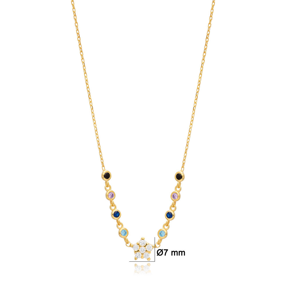 Minimalist Star Design Round Cut Mix Stone Charm Necklace 925 Sterling Silver Jewelry
