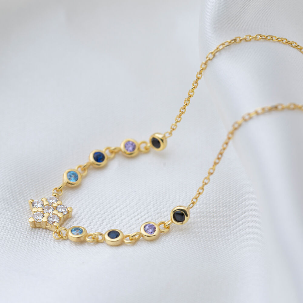 Minimalist Star Design Round Cut Mix Stone Charm Necklace 925 Sterling Silver Jewelry