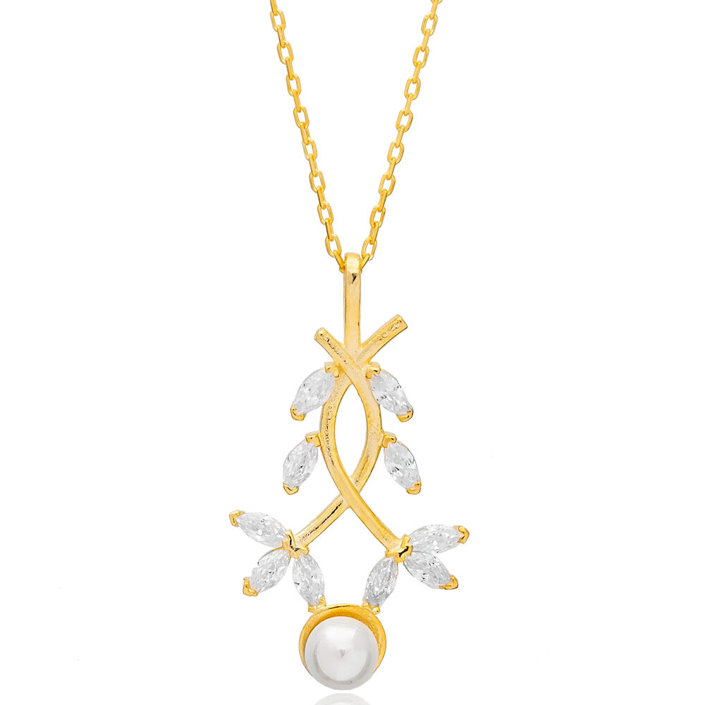 Pearl with Marquise Zircon Stone Ivy Design Charm Necklace 925 Sterling Silver Jewelry