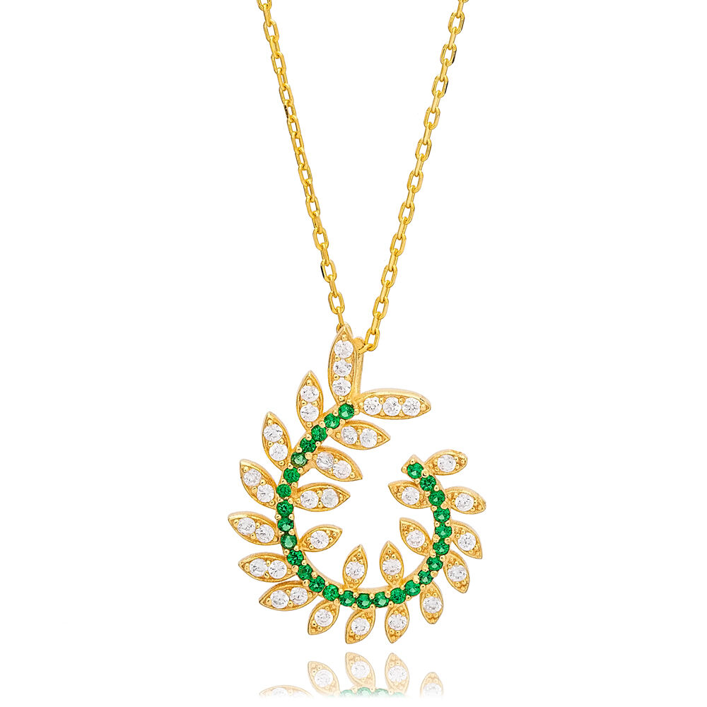 Ivy Leaf Design Emerald with Zircon Stone Charm Necklace 925 Sterling Silver Jewelry
