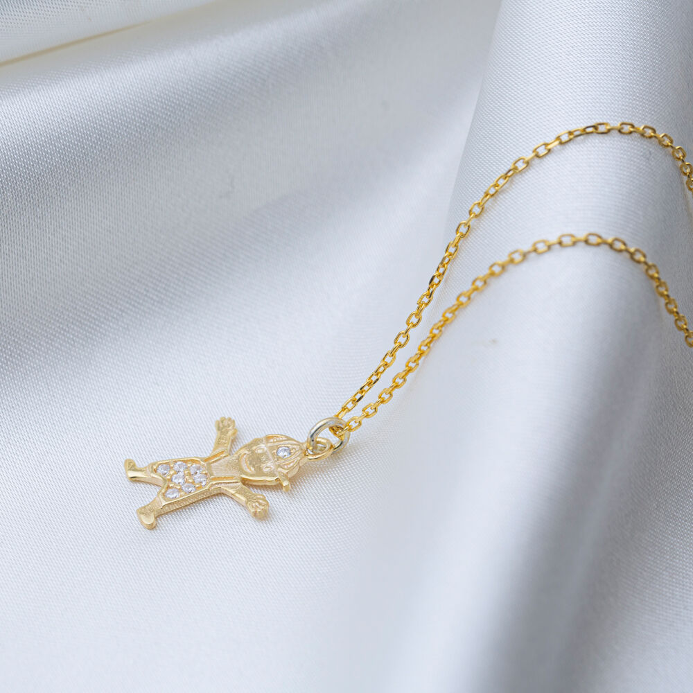 Boy Design Clear Zircon Stone Charm Necklace Turkish Handmade 925 Sterling Silver Jewelry