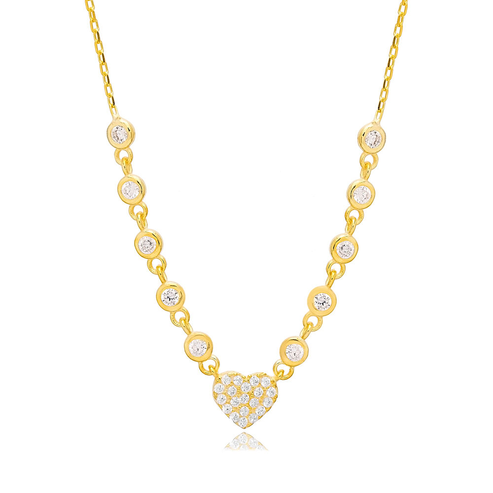 Heart Design Round Cut Zircon Stone Charm Necklace Turkish Handmade 925 Sterling Silver Jewelry