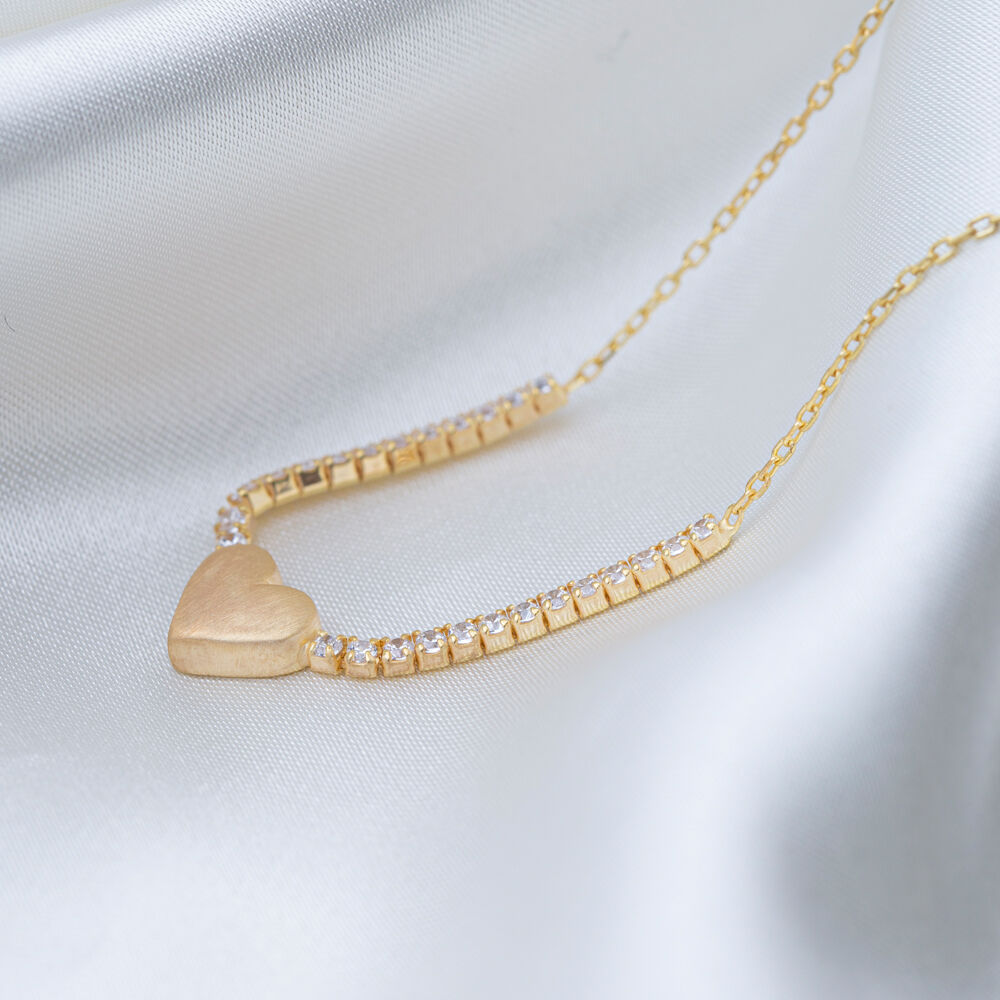 Plain Heart Design Round Cut Zircon Stone Charm Necklace Turkish Handmade 925 Sterling Silver Jewelry