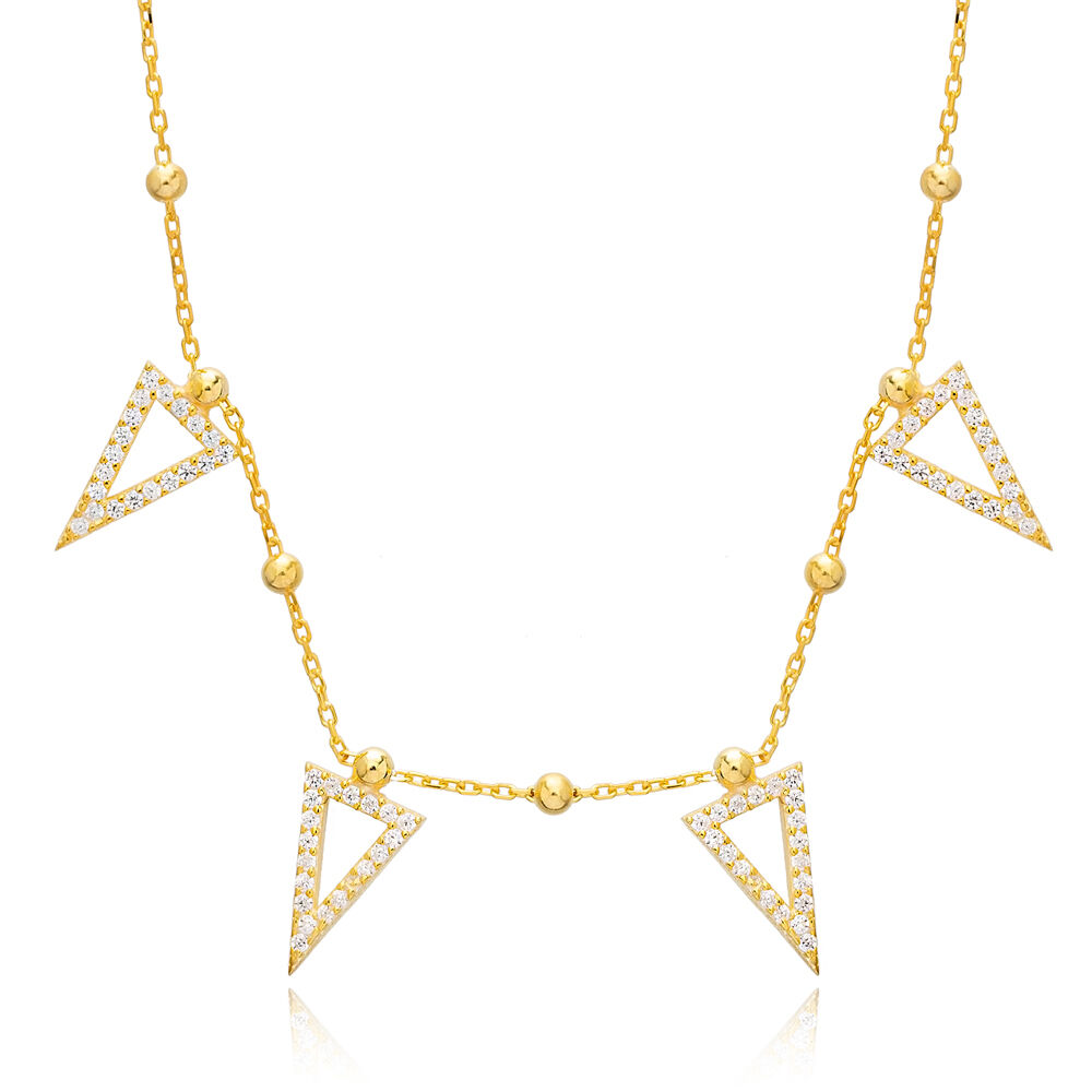 Geometric Triangle Design Ball Chain Zircon Stone Shaker Necklace 925 Sterling Silver Jewelry