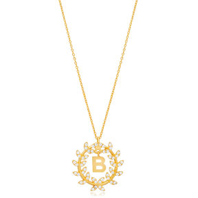 Leaf Design Alphabet B Letter Design Charm Necklace 925 Sterling Silver Jewelry
