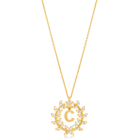 Leaf Design Alphabet C Letter Design Charm Necklace 925 Sterling Silver Jewelry