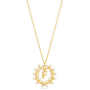 Leaf Design Alphabet F Letter Design Charm Necklace 925 Sterling Silver Jewelry