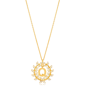 Leaf Design Alphabet Q Letter Design Charm Necklace 925 Sterling Silver Jewelry