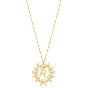 Leaf Design Alphabet R Letter Design Charm Necklace 925 Sterling Silver Jewelry