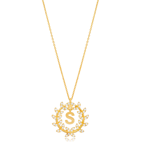 Leaf Design Alphabet S Letter Design Charm Necklace 925 Sterling Silver Jewelry