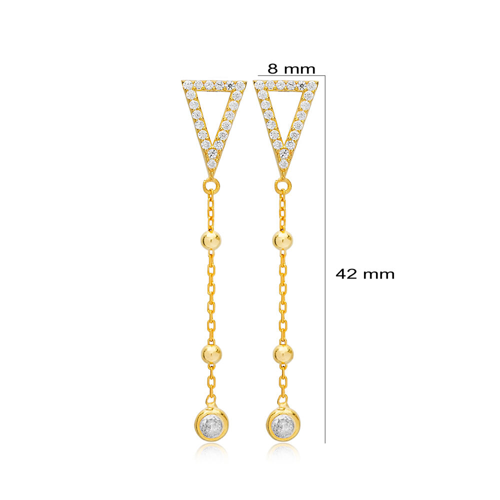 Triangle Shape Ball Chain Design Clear Zircon Stone Long Earrings 925 Sterling Silver Jewelry