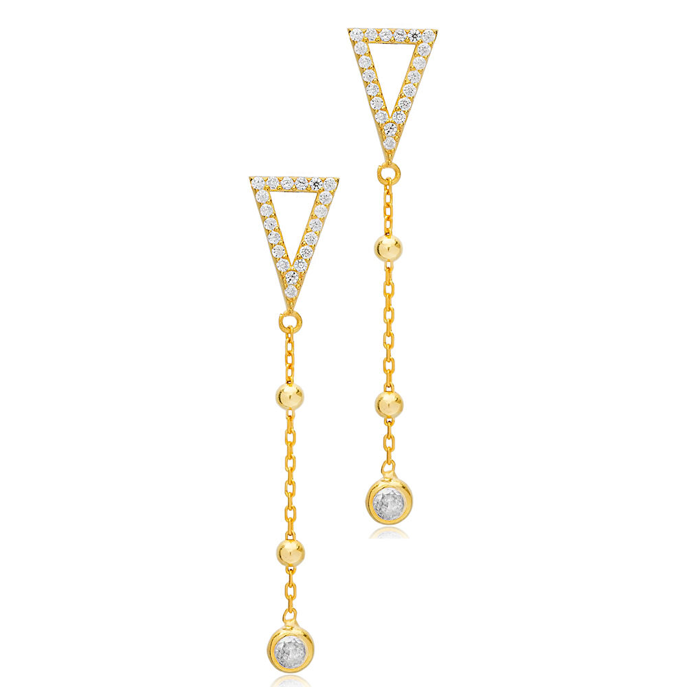 Triangle Shape Ball Chain Design Clear Zircon Stone Long Earrings 925 Sterling Silver Jewelry