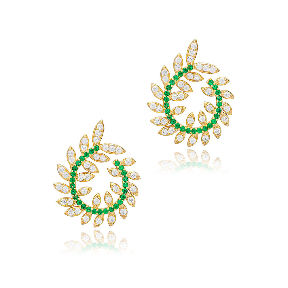 Leaf Design Emerald with Zircon Stone Stud Earrings 925 Sterling Silver Jewelry