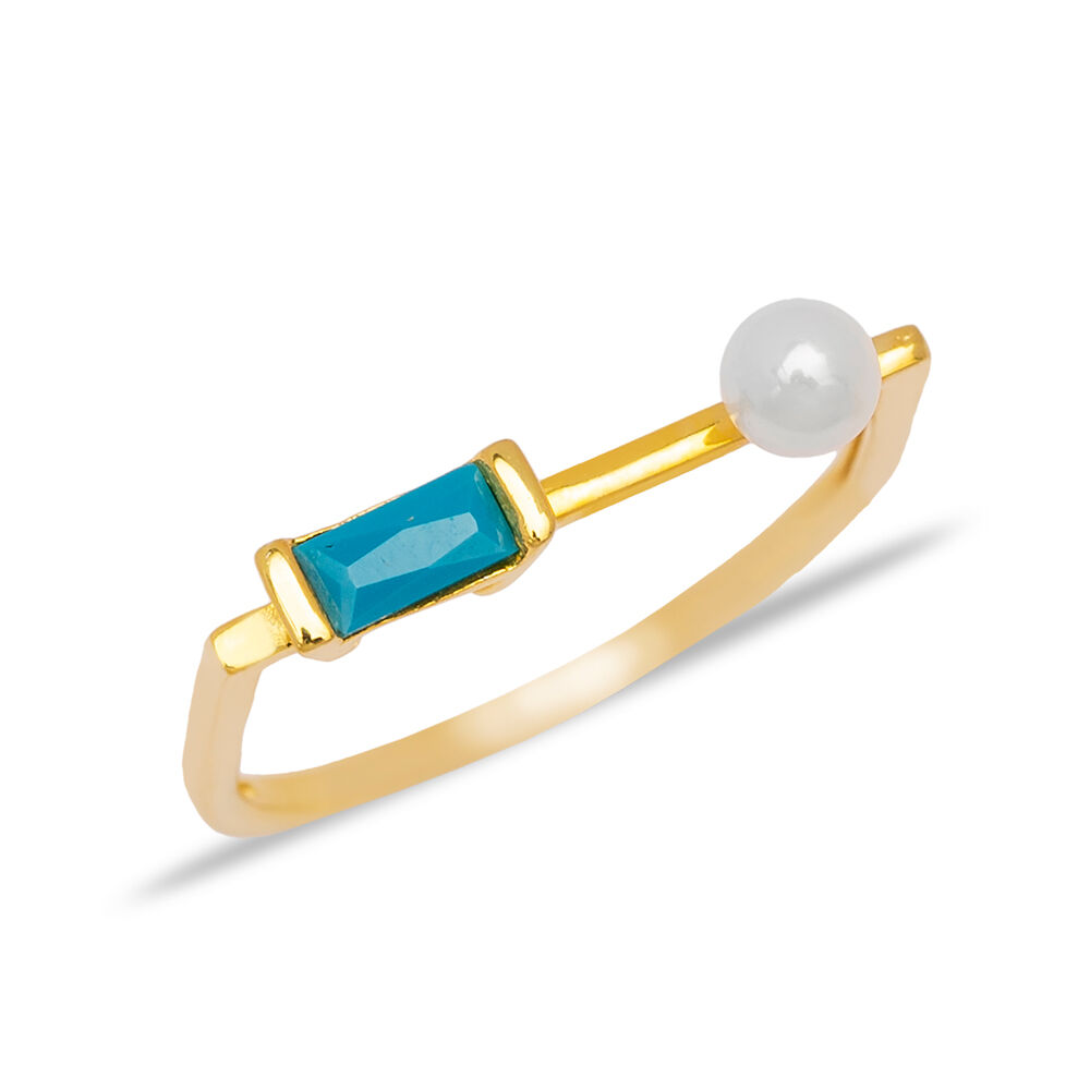 Thin Woman Ring Pearl Design with Baguette Turquoise Stone Woman Cluster Ring 925 Sterling Silver Jewelry