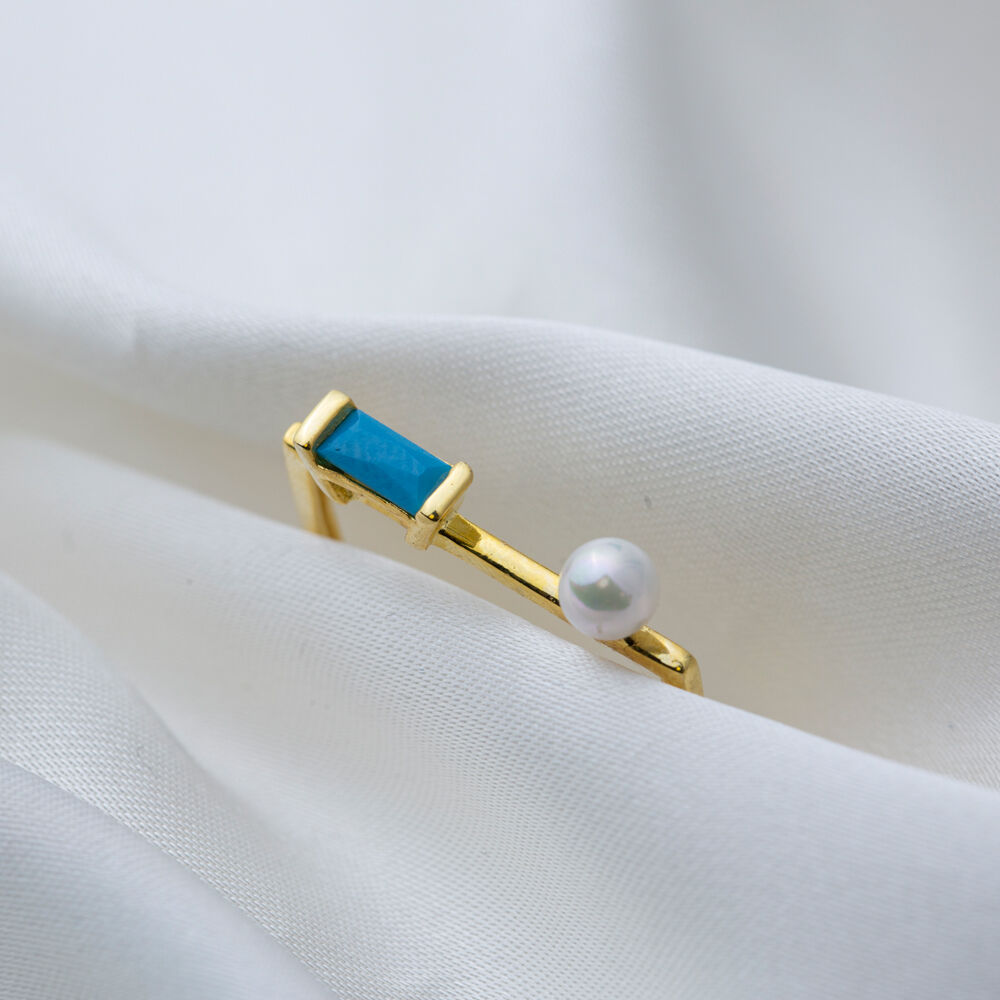 Thin Woman Ring Pearl Design with Baguette Turquoise Stone Cluster Ring 925 Sterling Silver Jewelry