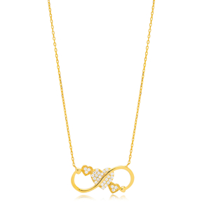 Infinity with Heart Design Clear Zircon Stone Charm Necklace Turkish Handmade 925 Sterling Silver Jewelry
