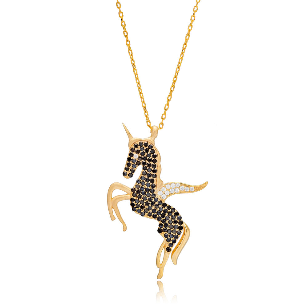 Unicorn Horse Design Black Zircon Stone Charm Necklace Turkish Handmade 925 Sterling Silver Jewelry