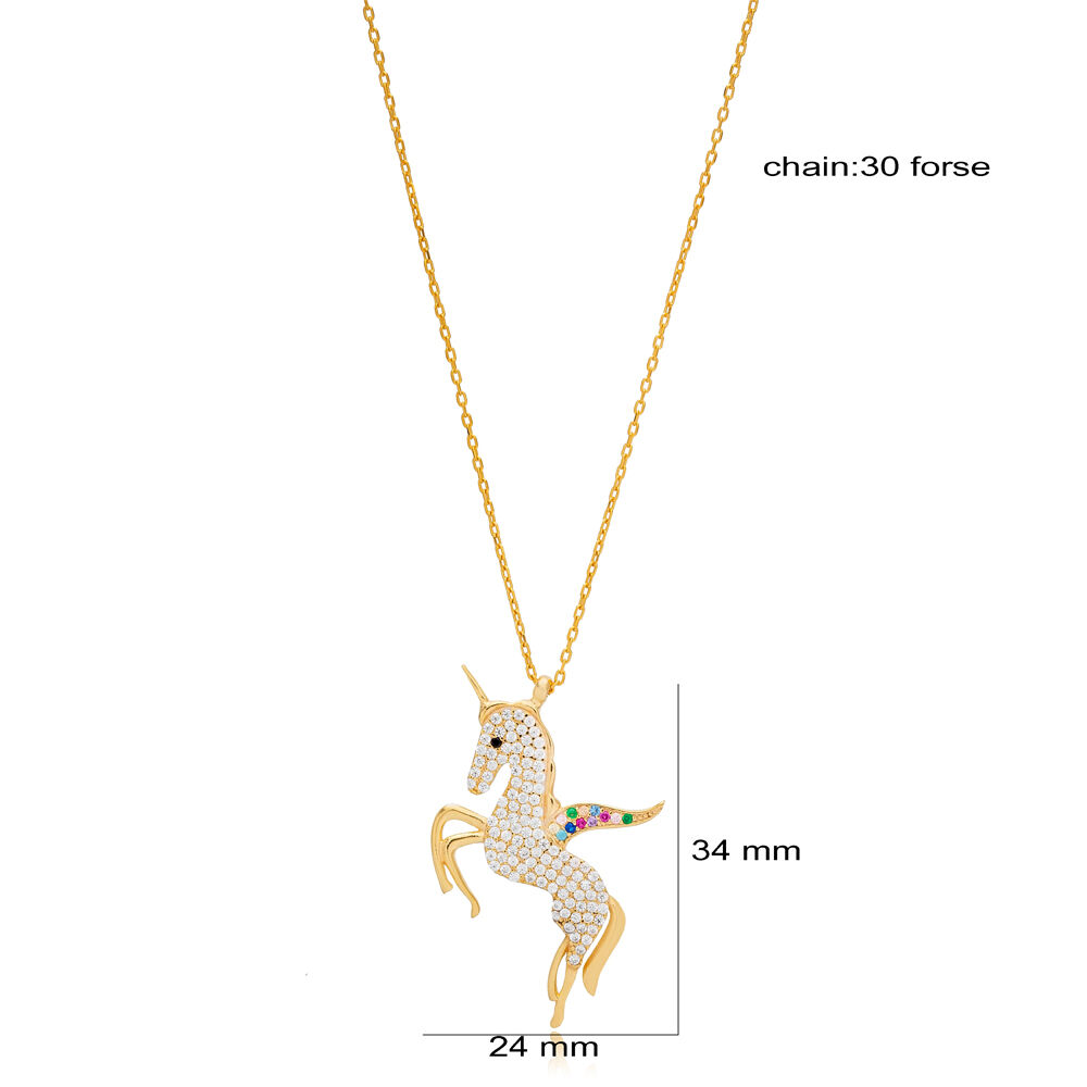 Unicorn Horse Design Clear Zircon Stone Charm Necklace Turkish Handmade 925 Sterling Silver Jewelry