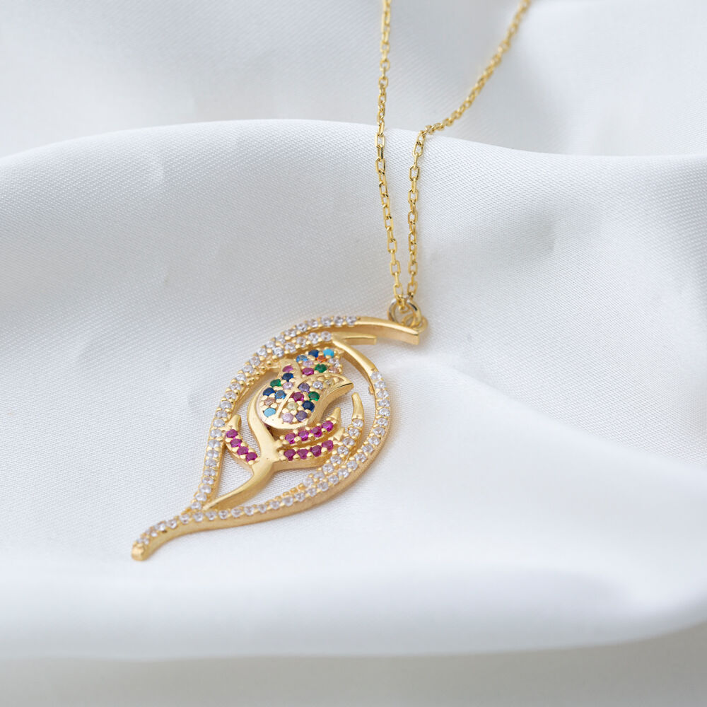 Tulip Flower Design Round Cut Mix with Ruby Zircon Stone Charm Necklace 925 Sterling Silver Jewelry