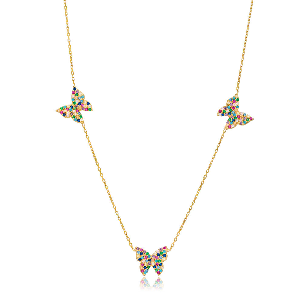 Cute Triple Butterfly Design Mix Stone Shaker Necklace Turkish Handmade 925 Sterling Silver Jewelry