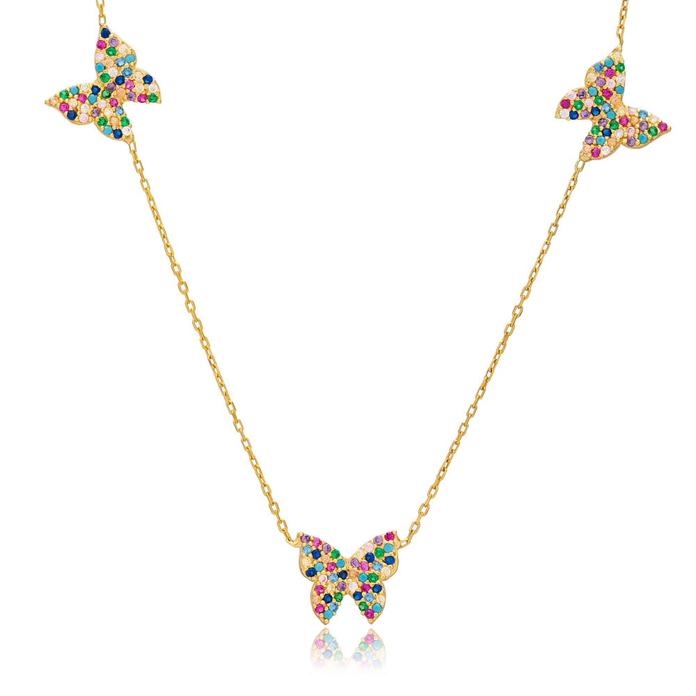 Cute Triple Butterfly Design Mix Stone Shaker Necklace Turkish Handmade 925 Sterling Silver Jewelry
