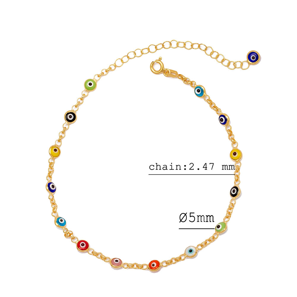 40 Forse Rolo Chain Multi Colorful Beaded Evil Eye Design Woman Anklet 925 Sterling Silver Jewelry