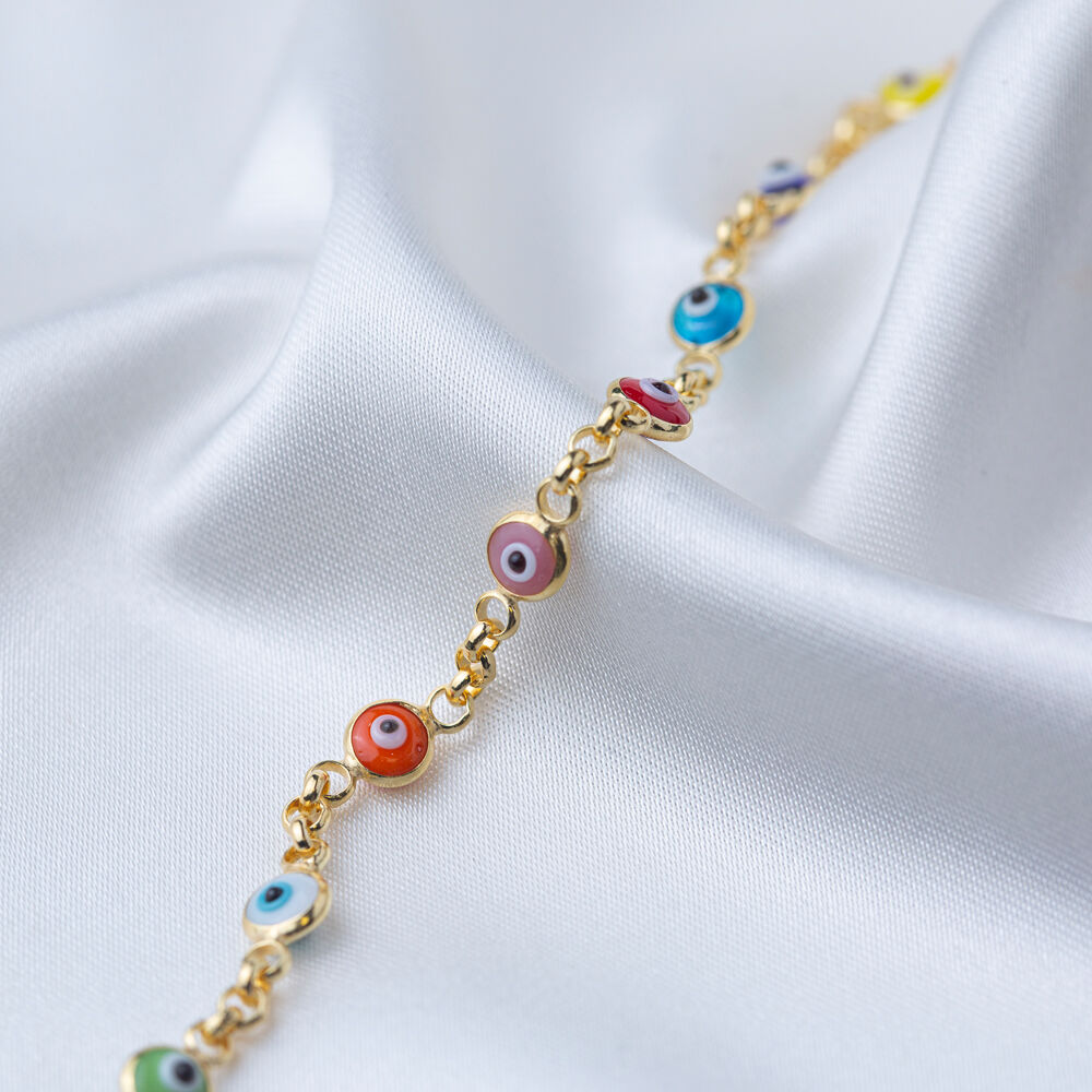 Multi Colorful Beaded Turkish Eye Design Woman Bracelet 925 Sterling Silver Jewelry