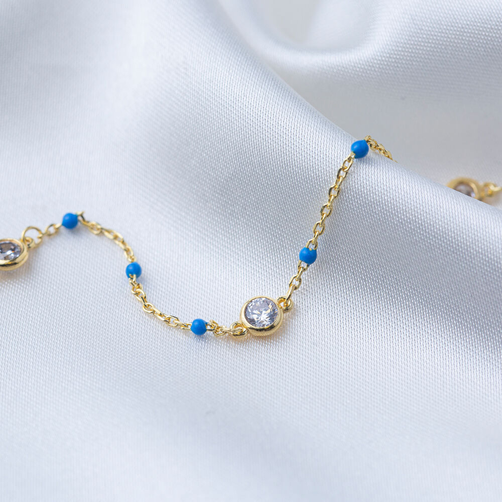 Blue Enamel Design Round Cut Zircon Stone Charm Bracelet 925 Sterling Silver Jewelry