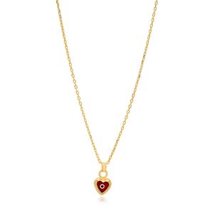 Evil Eye Design Red Enamel Heart Shape Charm Necklace 925 Sterling Silver Jewelry