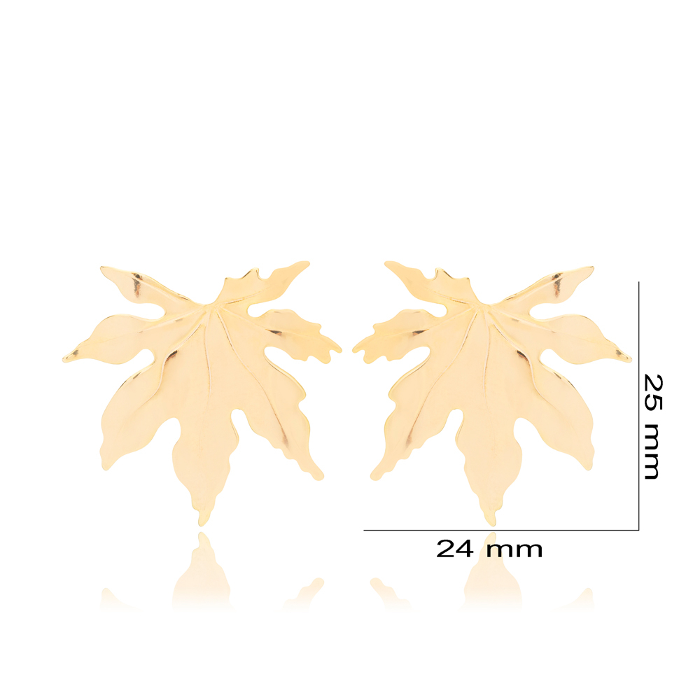 Plain Leaf Design Turkish Handmade Stud Earrings 925 Sterling Silver Jewelry